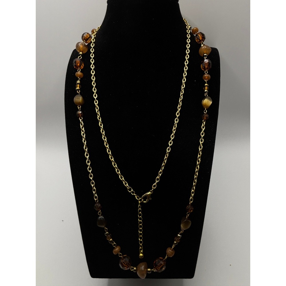 Sonoma Beaded Necklace Womens OS Brown Gold‎ Tone Layered Long Chain Boho